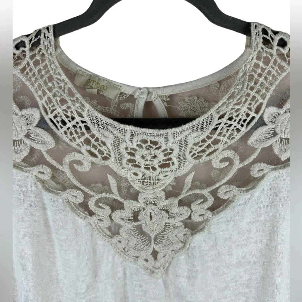 Ambra women’s beige ecru natural short sleeve lace flowy shirt blouse L Italy - Picture 4 of 8